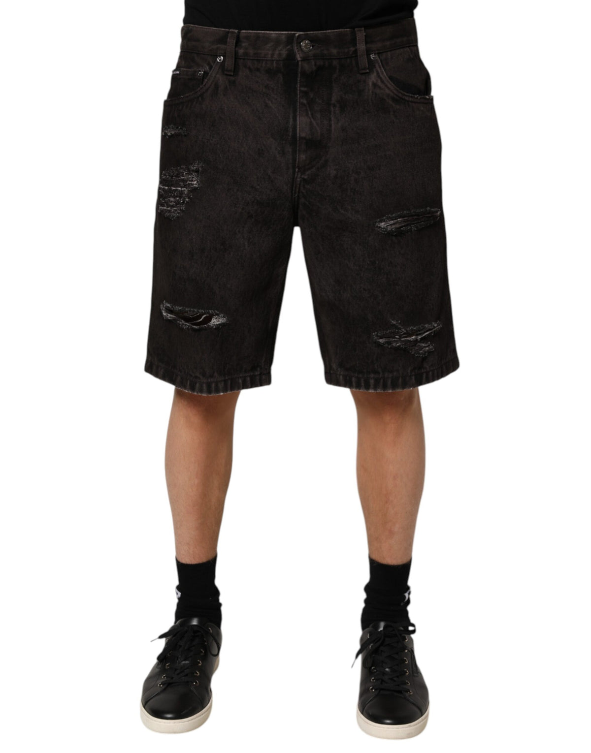 Bermuda homme Dolce &amp; Gabbana en denim noir effiloché de coton.