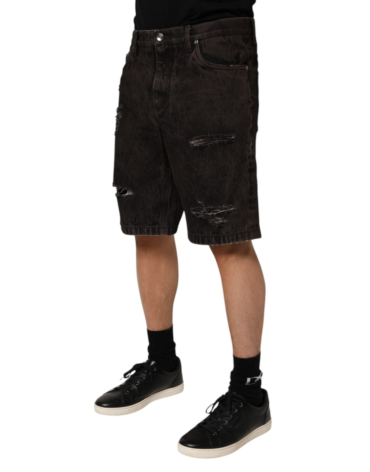 Bermuda homme Dolce &amp; Gabbana en denim noir effiloché de coton.
