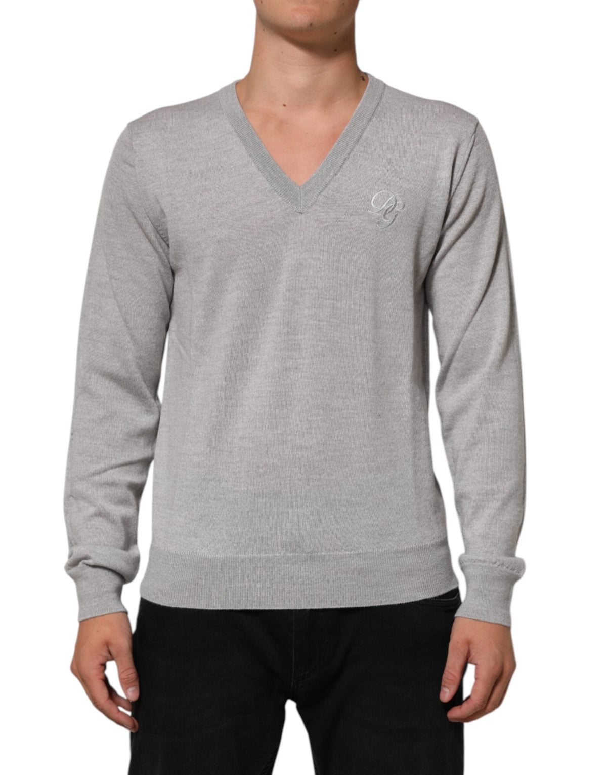 Pull en laine grise à col en V avec logo de Dolce &amp; Gabbana