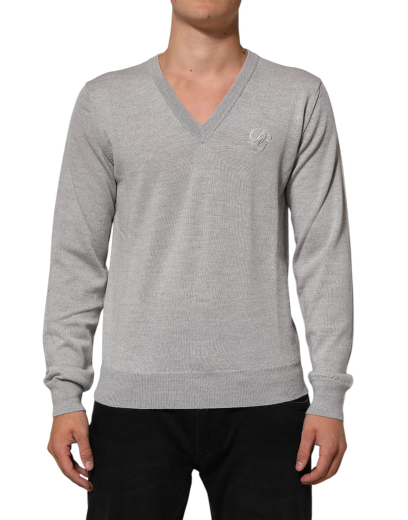 Dolce &amp; Gabbana Grijze Wollen Gebreide Logo V-hals Trui