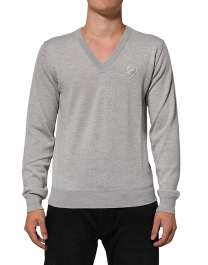 Pull en laine grise à col en V avec logo de Dolce &amp; Gabbana