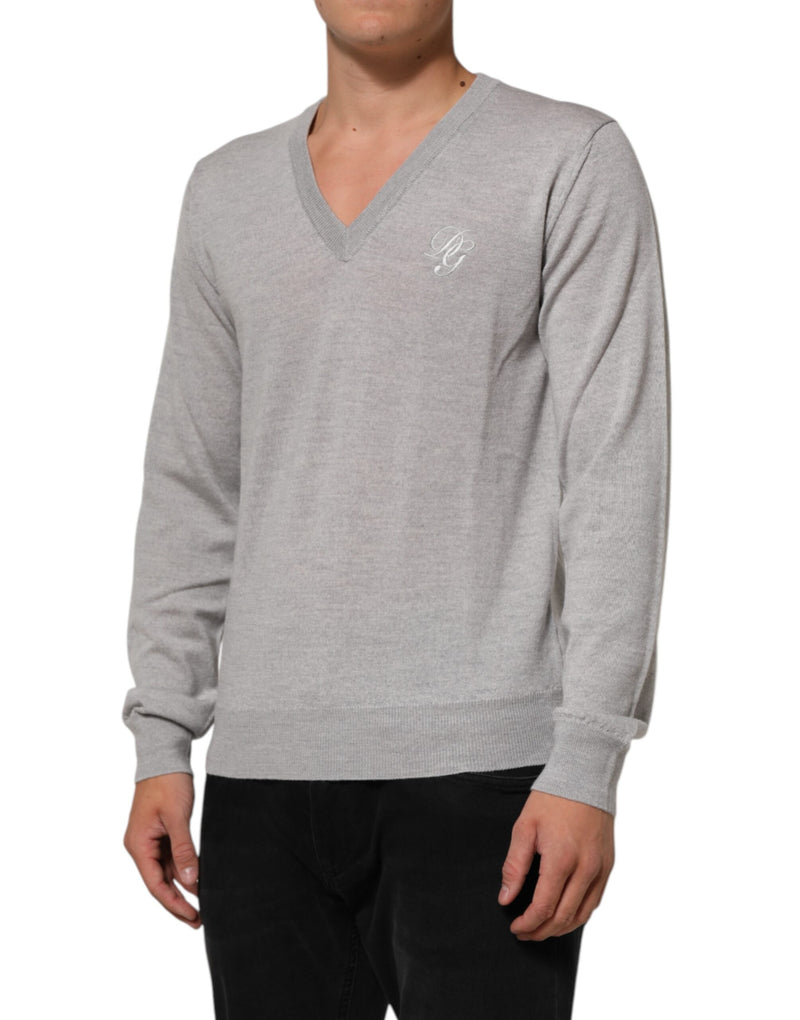 Dolce &amp; Gabbana Grijze Wollen Gebreide Logo V-hals Trui