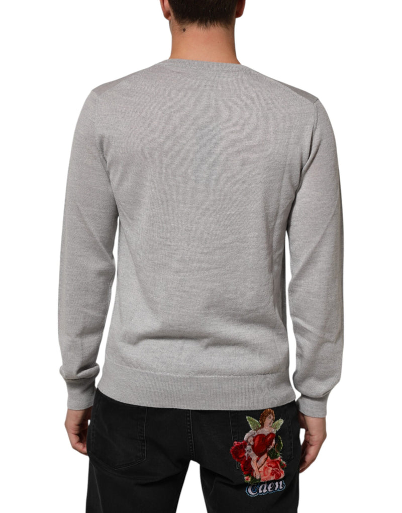 Dolce &amp; Gabbana Grijze Wollen Gebreide Logo V-hals Trui
