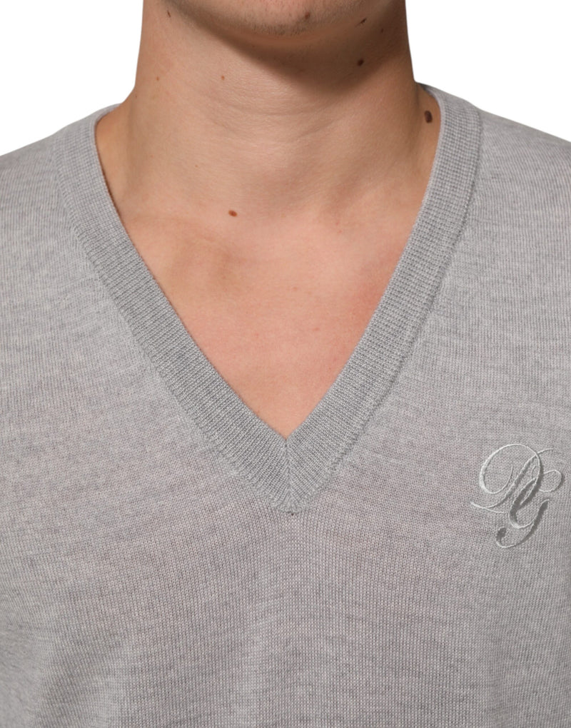 Dolce &amp; Gabbana Grijze Wollen Gebreide Logo V-hals Trui