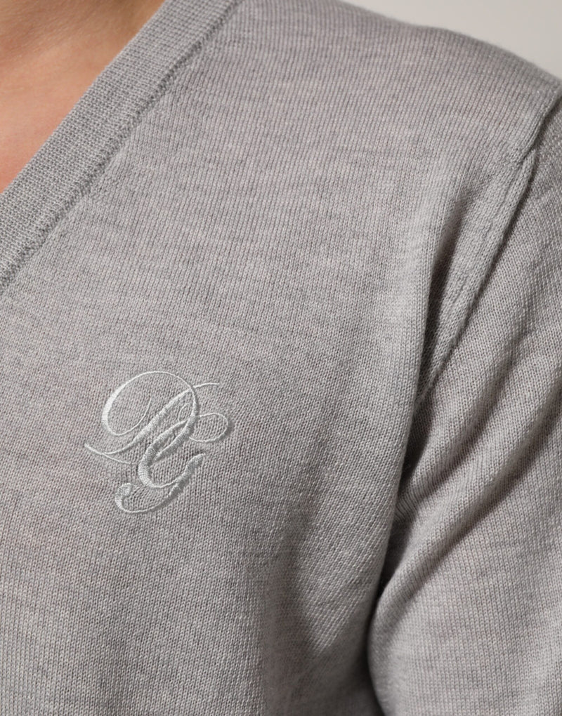 Dolce &amp; Gabbana Grijze Wollen Gebreide Logo V-hals Trui