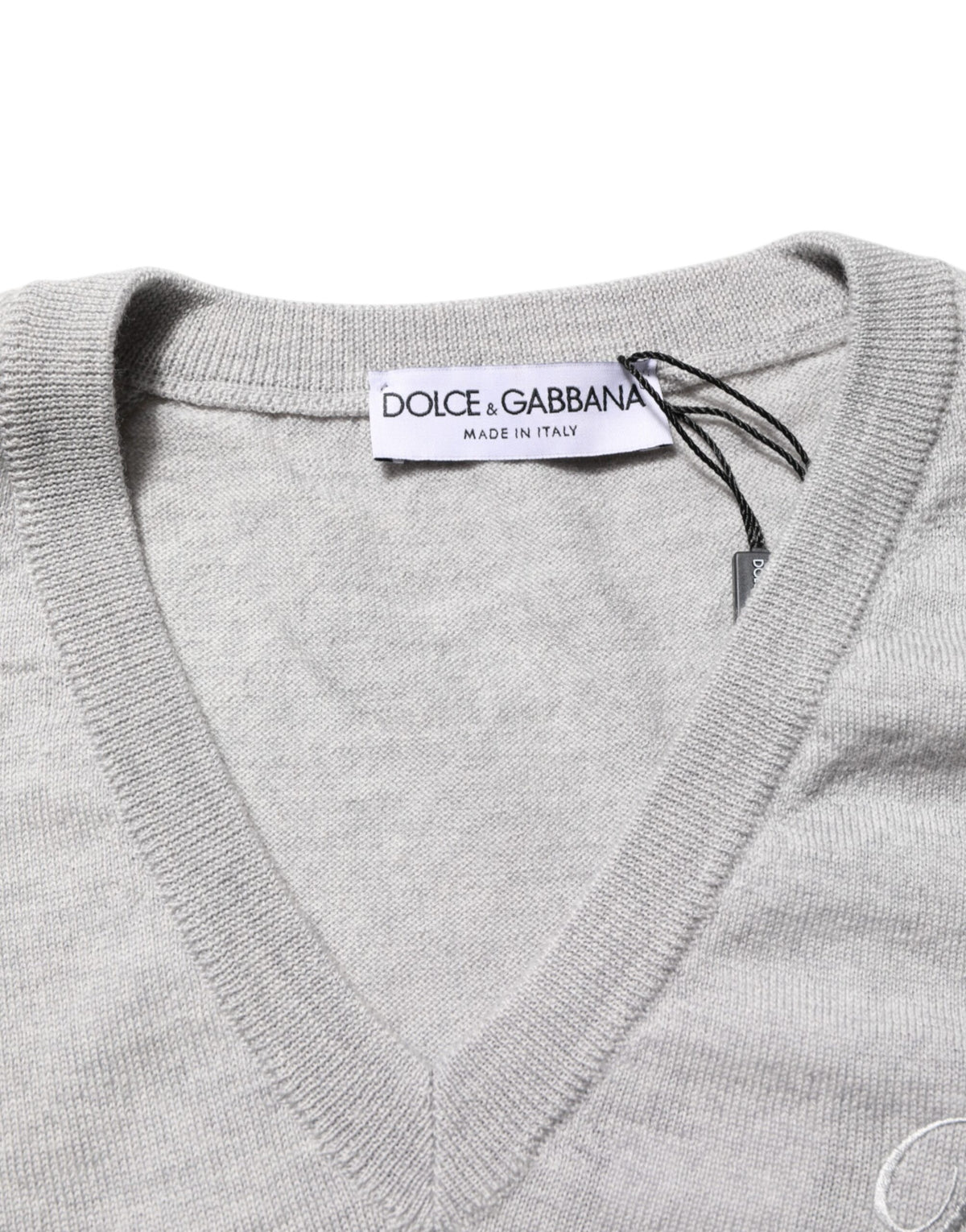 Pull en laine grise à col en V avec logo de Dolce &amp; Gabbana