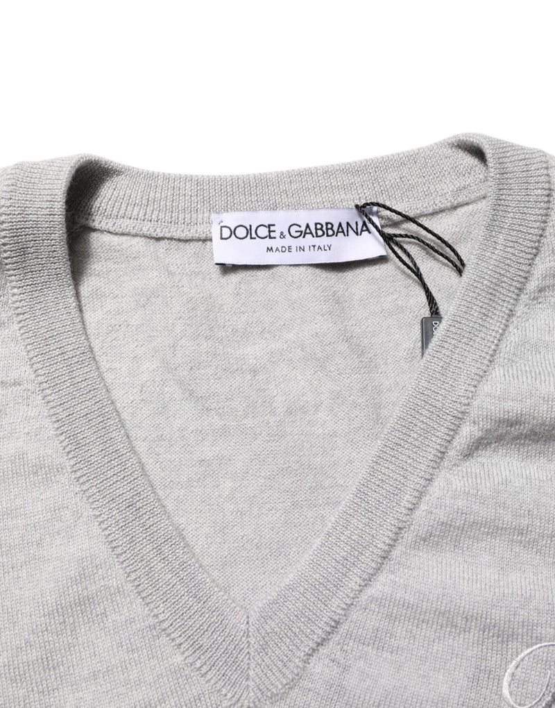 Dolce &amp; Gabbana Grijze Wollen Gebreide Logo V-hals Trui