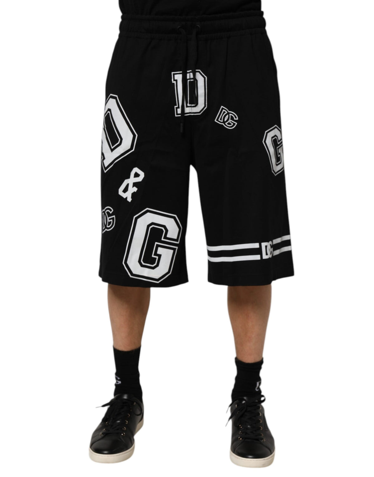 Short Bermuda décontracté en coton noir à imprimé logo Dolce &amp; Gabbana