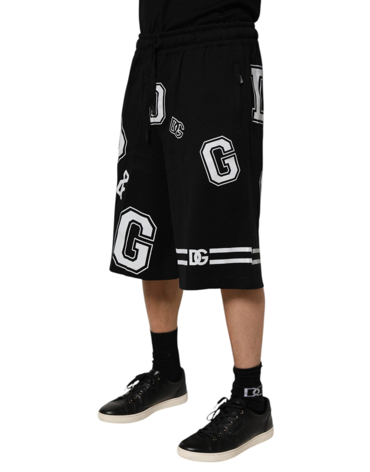 Short Bermuda décontracté en coton noir à imprimé logo Dolce &amp; Gabbana