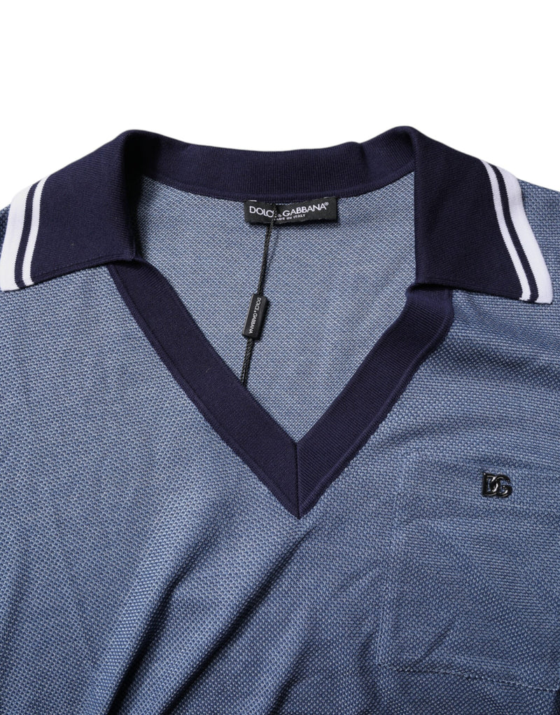 Polo en soie mélangée à col bleu et encolure en V de Dolce &amp; Gabbana