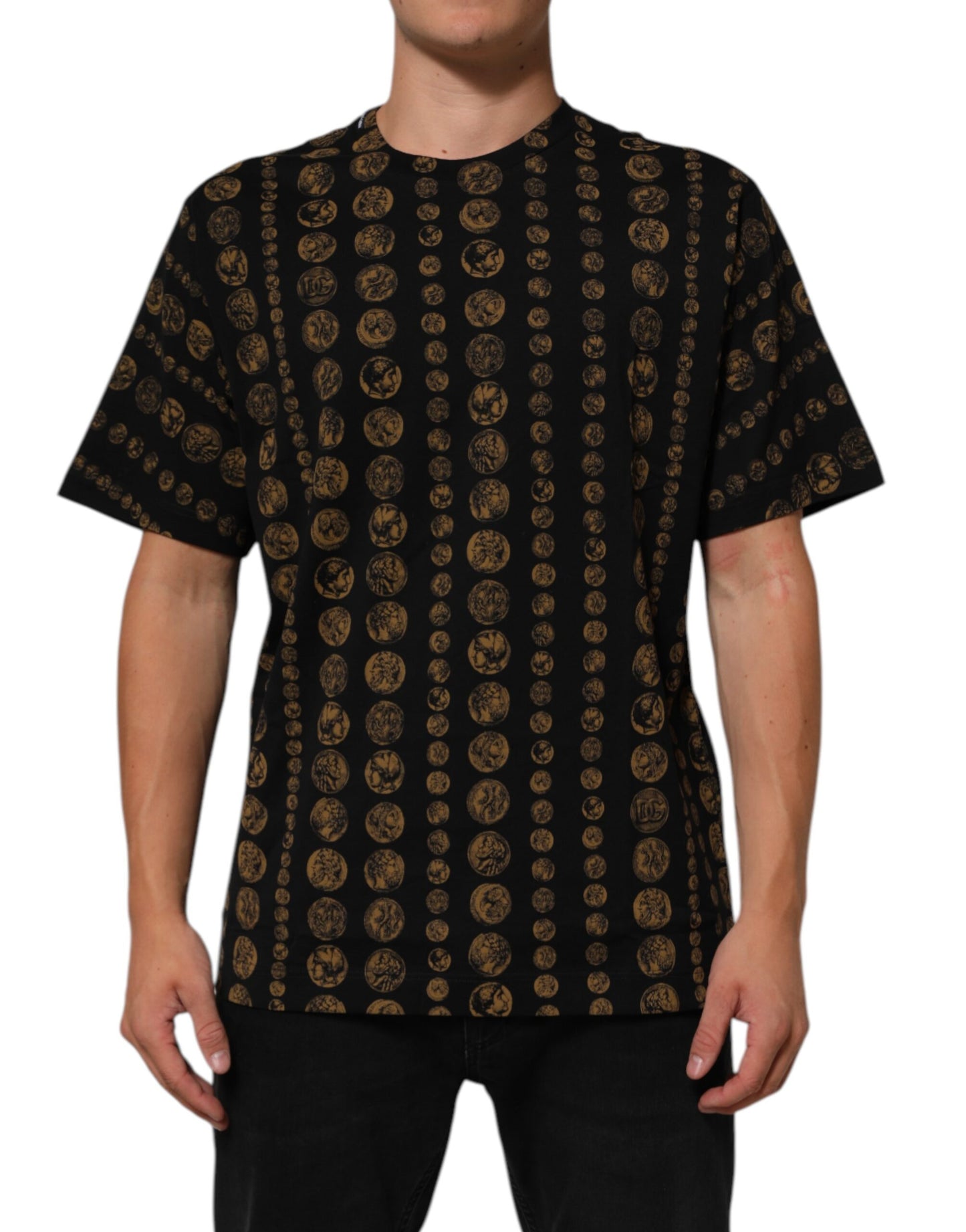 Dolce & Gabbana Black Cotton Coin Print Crew Neck T-shirt