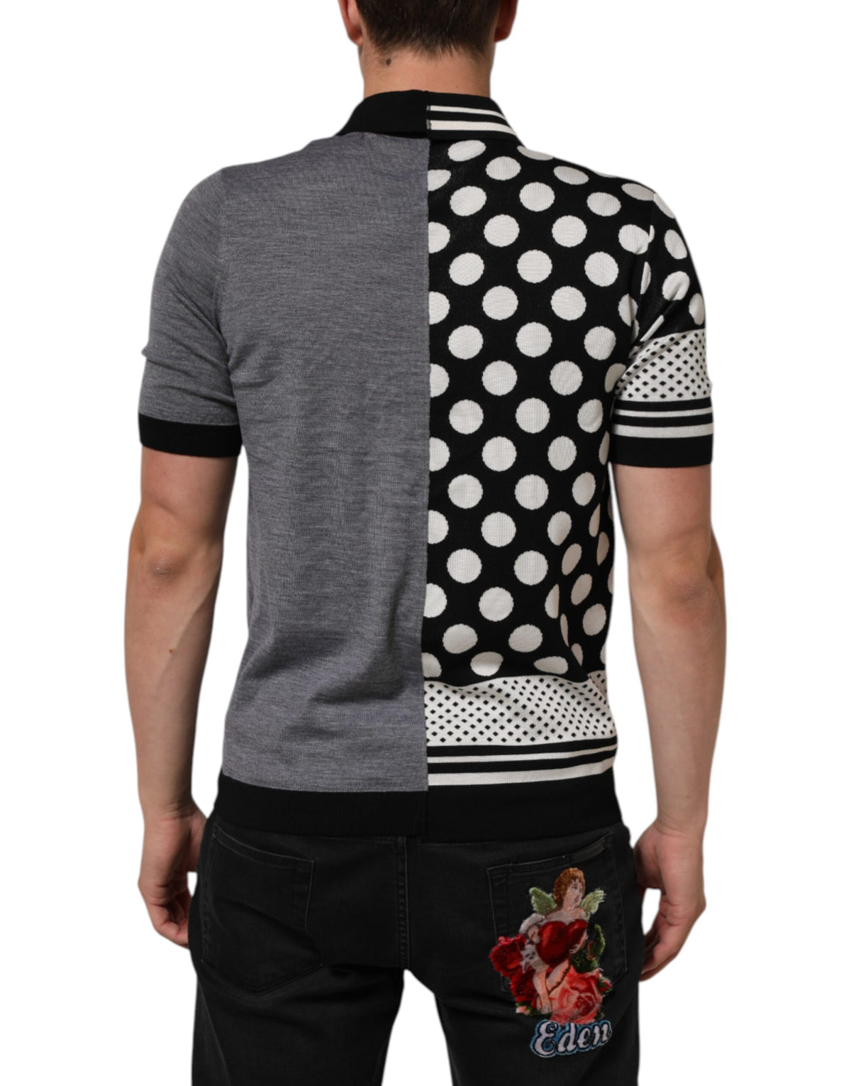 T-shirt polo à col et pois blancs sur fond noir de Dolce &amp; Gabbana