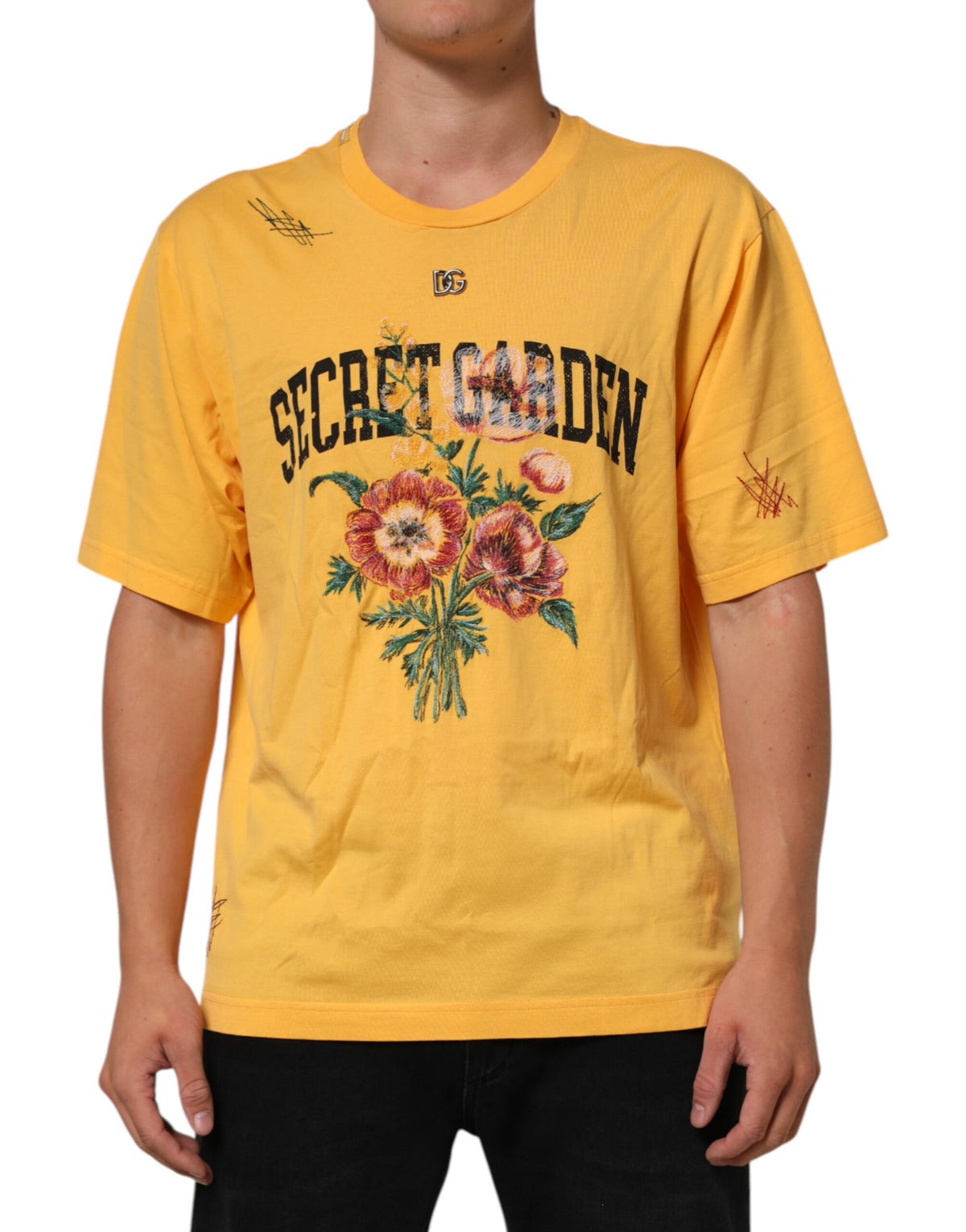 T-shirt en coton à col rond, motif floral "Secret Garden", jaune, Dolce &amp; Gabbana.
