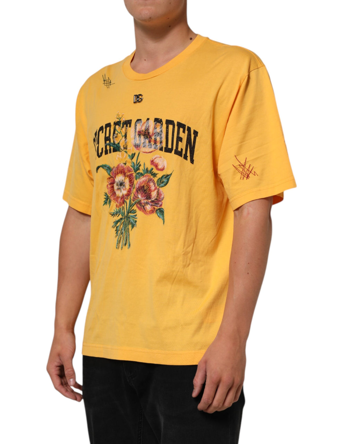 T-shirt en coton à col rond, motif floral "Secret Garden", jaune, Dolce &amp; Gabbana.