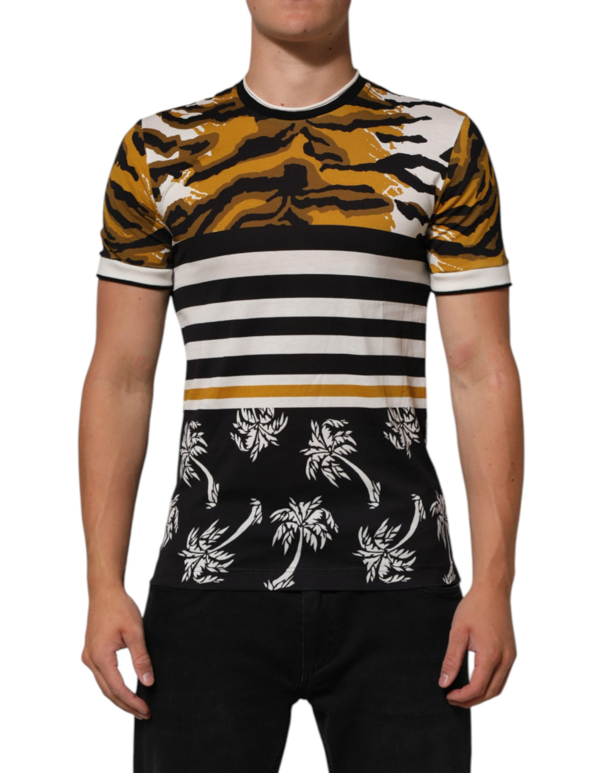 T-shirt Dolce &amp; Gabbana multicolore à motif léopard et feuilles de palmier pour homme, col rond
