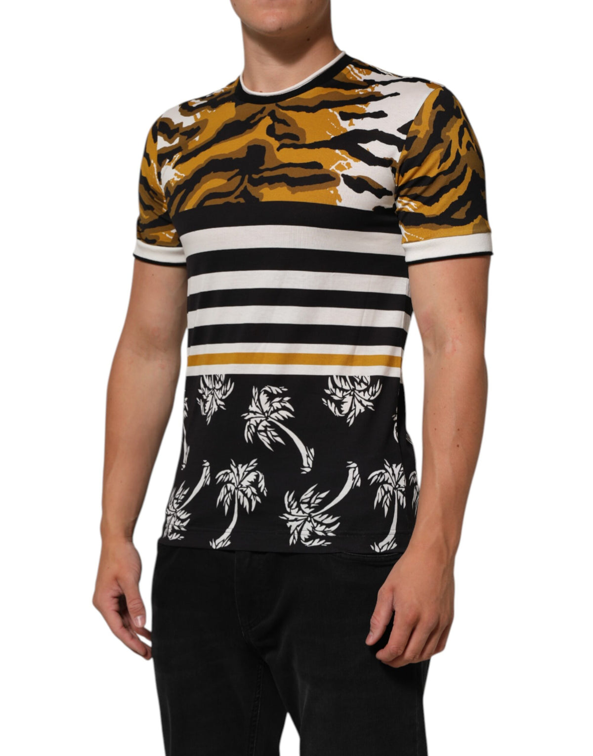T-shirt Dolce &amp; Gabbana multicolore à motif léopard et feuilles de palmier pour homme, col rond