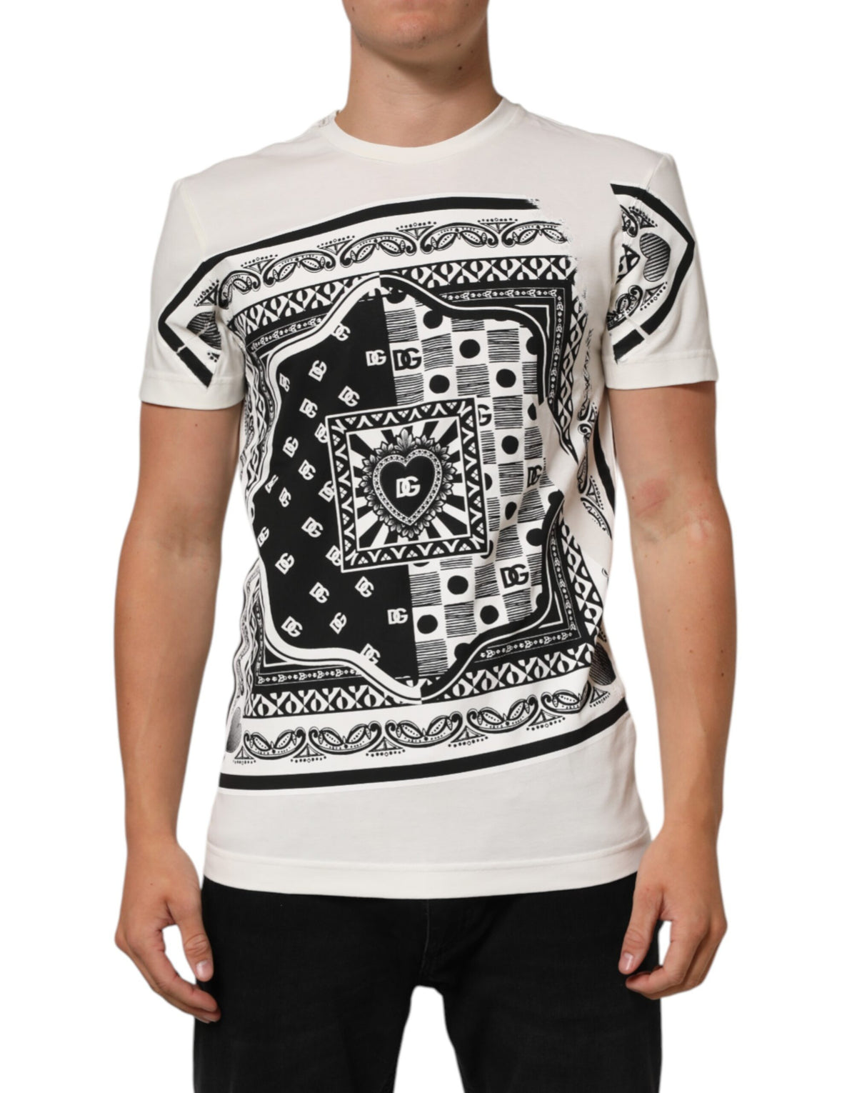 T-shirt homme en coton blanc Dolce &amp; Gabbana avec imprimé bandana et logo.