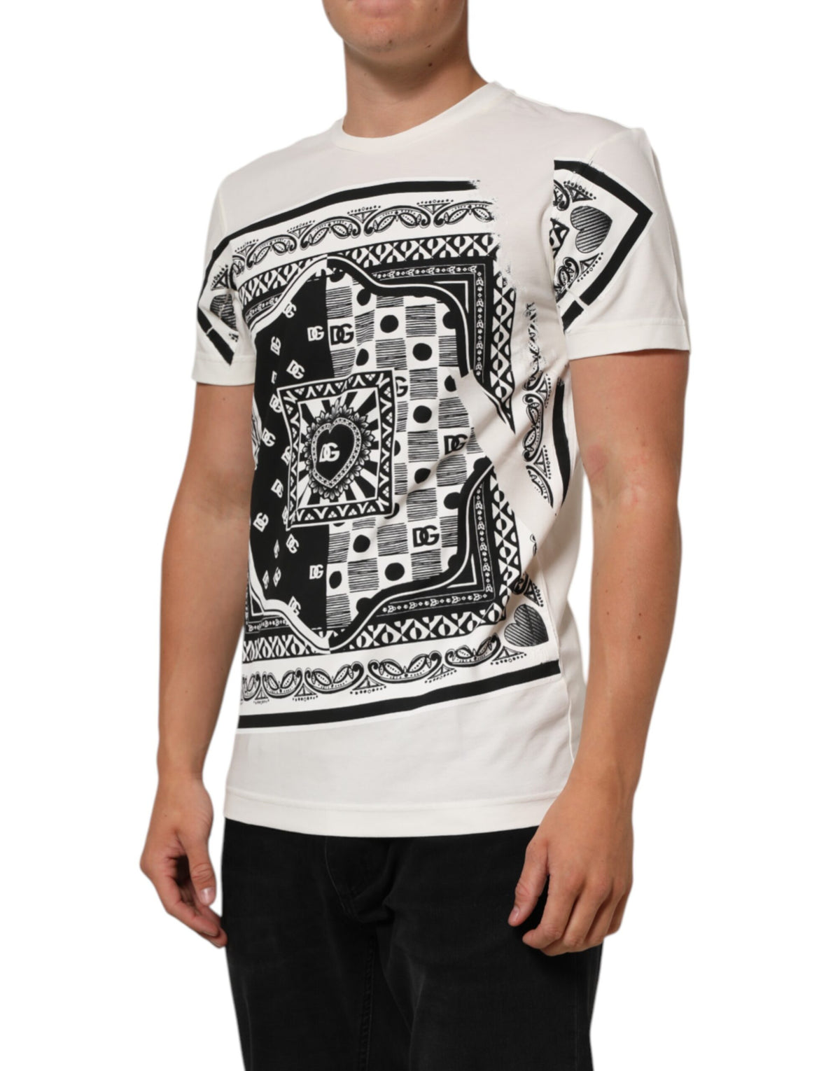 T-shirt homme en coton blanc Dolce &amp; Gabbana avec imprimé bandana et logo.