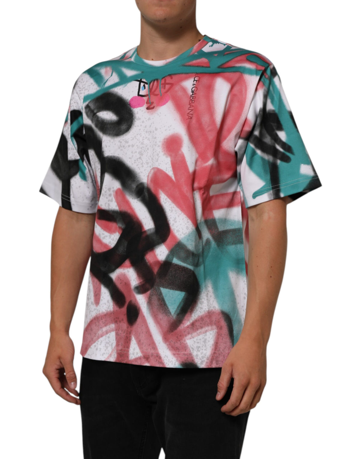 T-shirt Dolce &amp; Gabbana blanc à manches courtes et col rond, motif graffiti