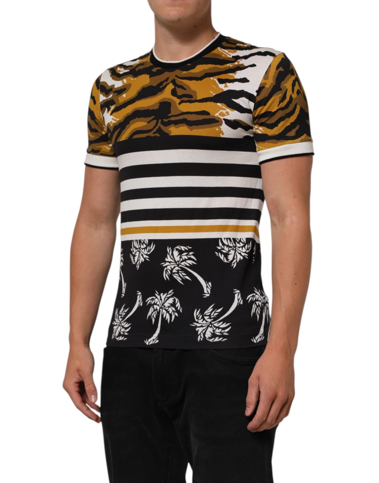 Dolce & Gabbana Multicolor Leopard Palm Leaf Men Crew Neck T-shirt