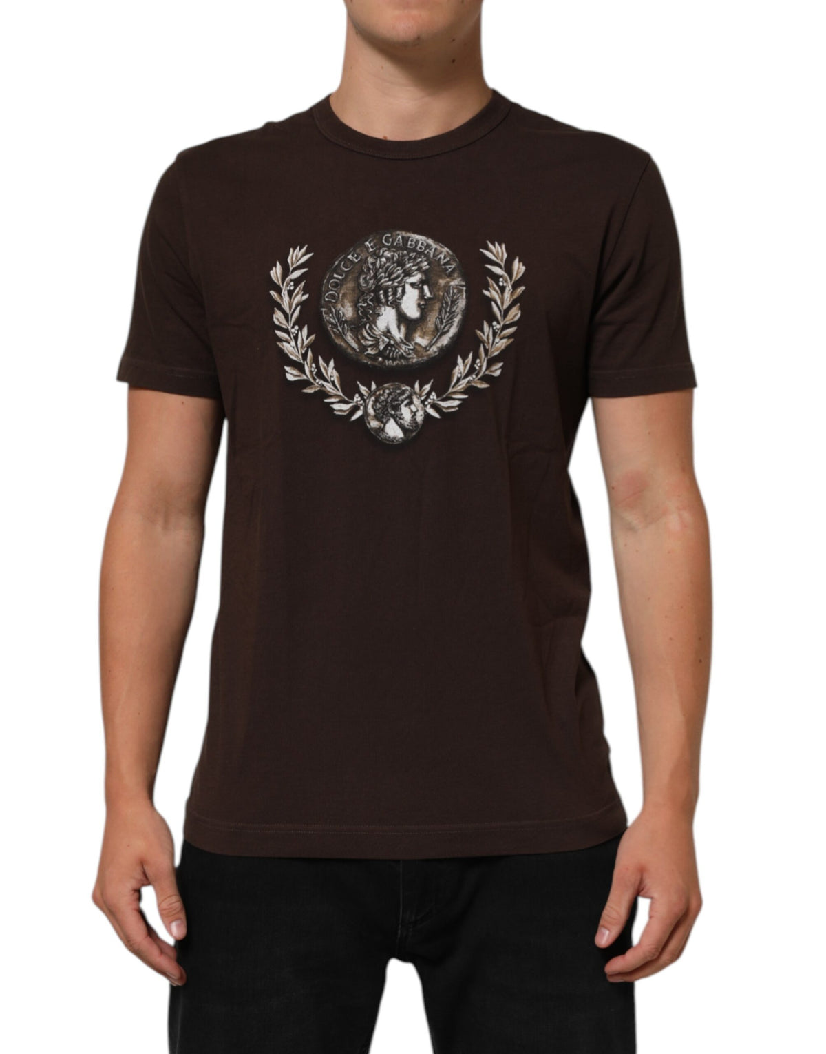 T-shirt Dolce &amp; Gabbana marron à col rond pour homme, imprimé pièces de laurier