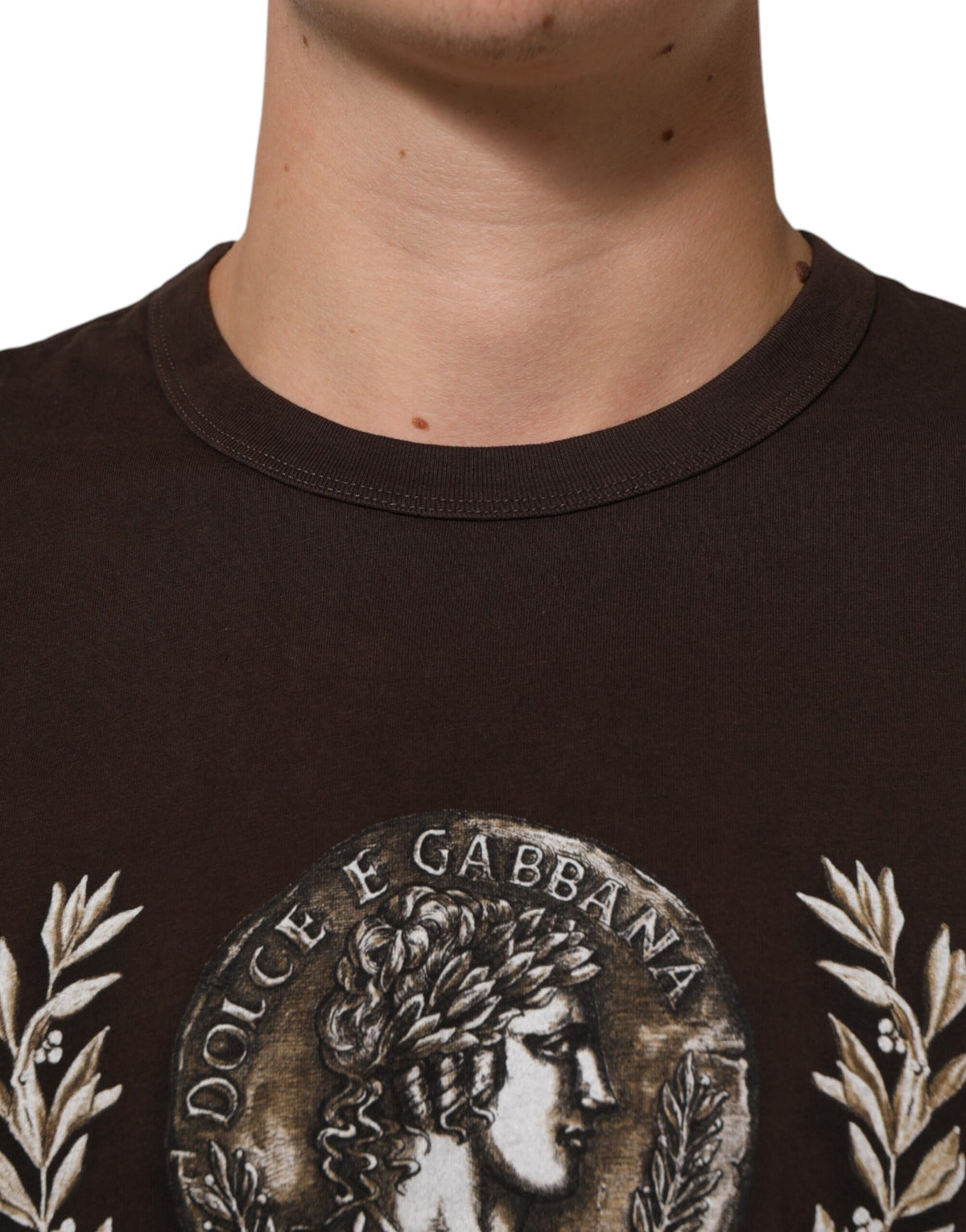 T-shirt Dolce &amp; Gabbana marron à col rond pour homme, imprimé pièces de laurier