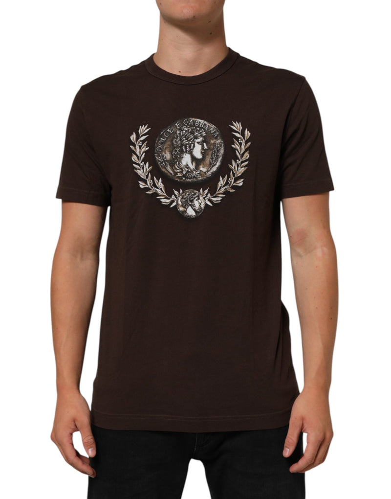 T-shirt Dolce &amp; Gabbana marron à col rond pour homme, imprimé pièces de laurier