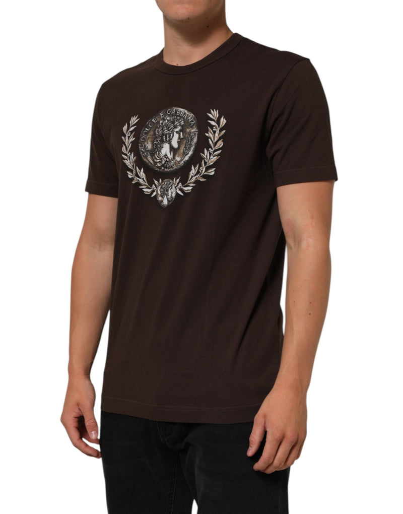 T-shirt Dolce &amp; Gabbana marron à col rond pour homme, imprimé pièces de laurier