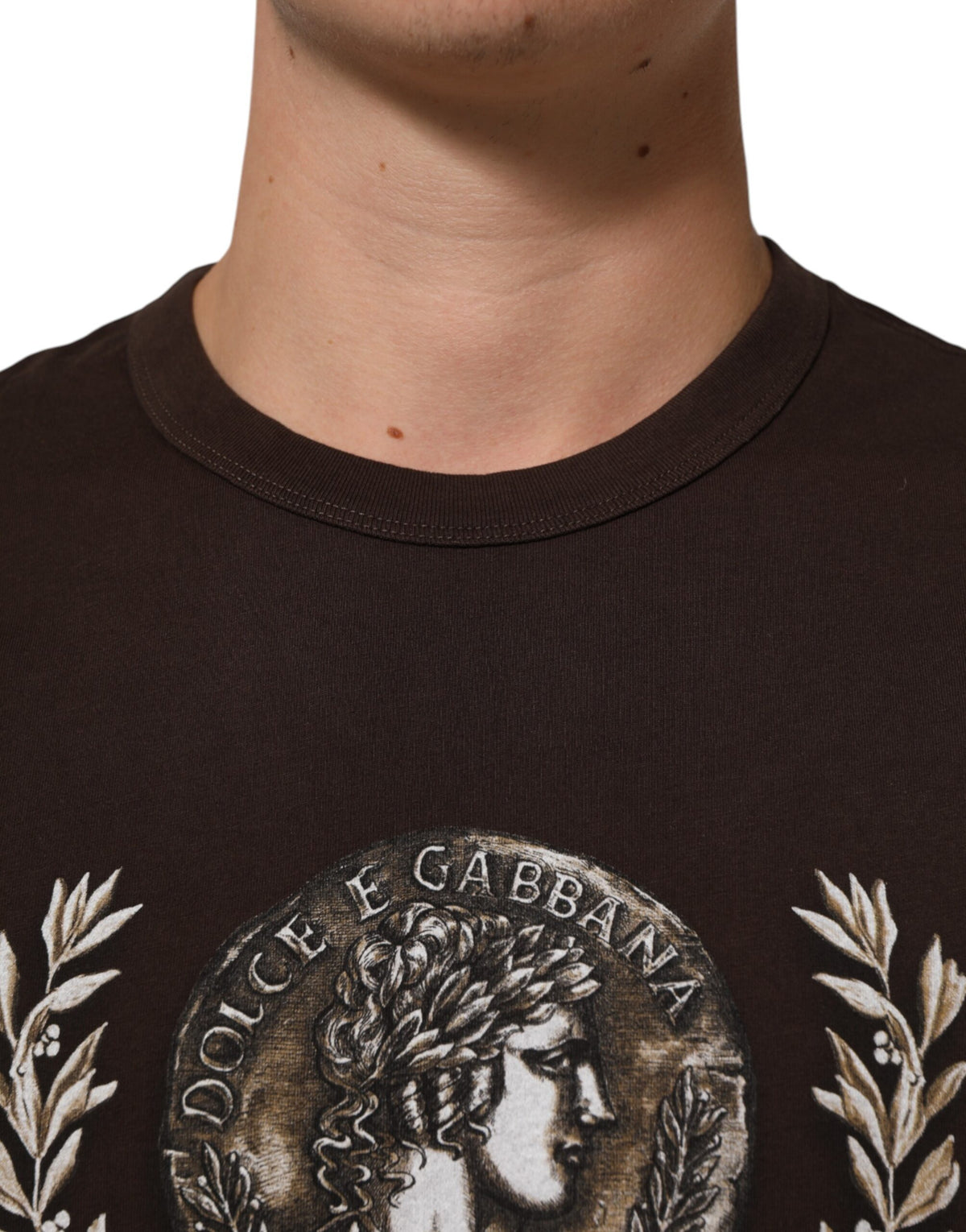 T-shirt Dolce &amp; Gabbana marron à col rond pour homme, imprimé pièces de laurier