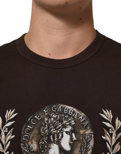 Dolce & Gabbana Brown Coin Laurel Print Men Crew Neck T-shirt