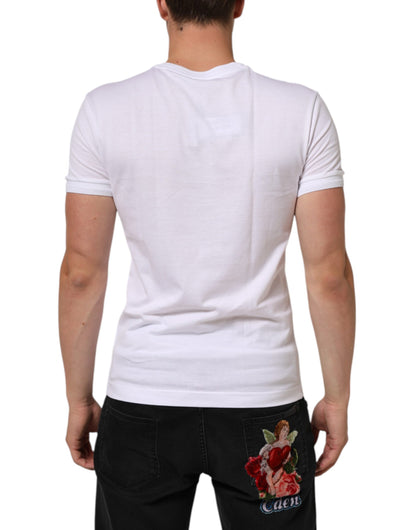 Dolce & Gabbana White Cotton Logo Patch V-neck Tee T-shirt