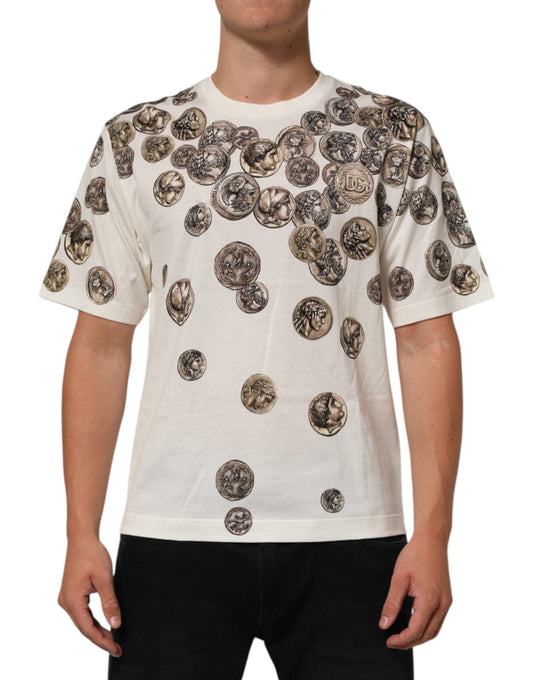 Dolce & Gabbana White Coin Print Cotton Crew Neck Men T-shirt
