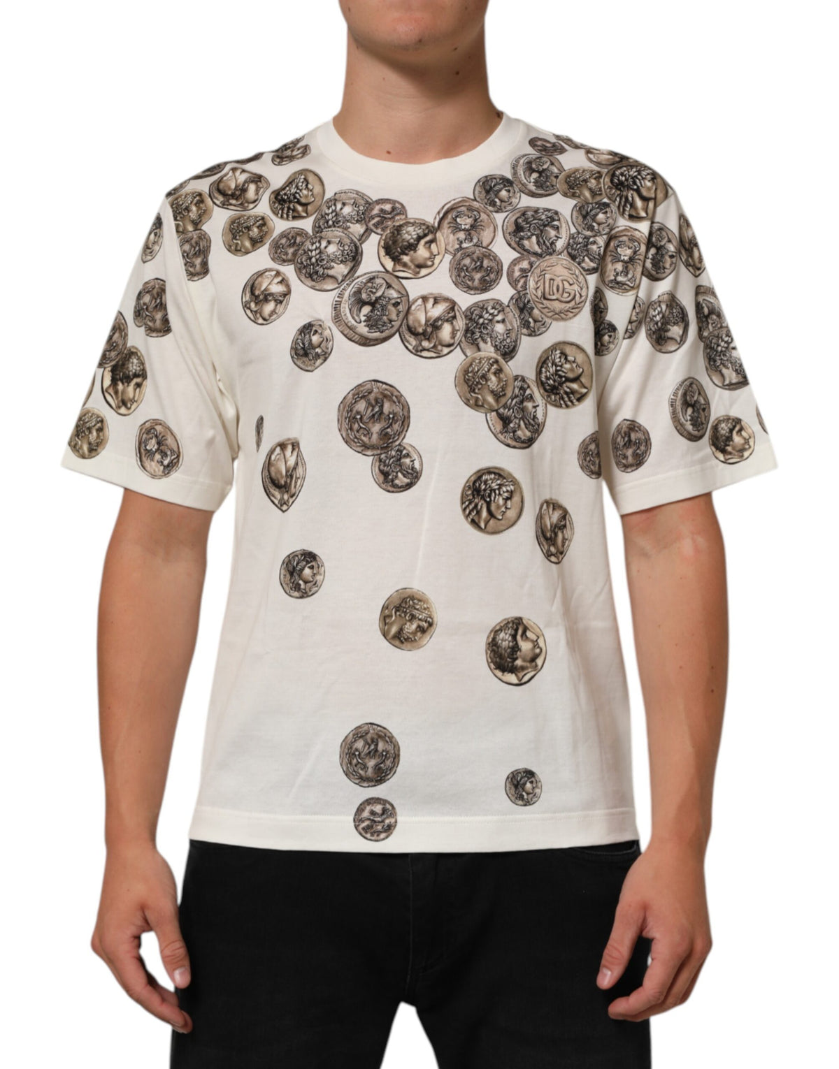 T-shirt homme Dolce &amp; Gabbana blanc à imprimé pièces de monnaie en coton, col rond