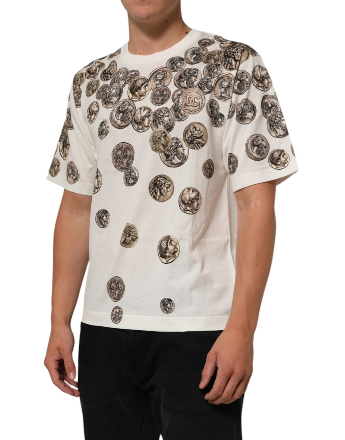 T-shirt homme Dolce &amp; Gabbana blanc à imprimé pièces de monnaie en coton, col rond