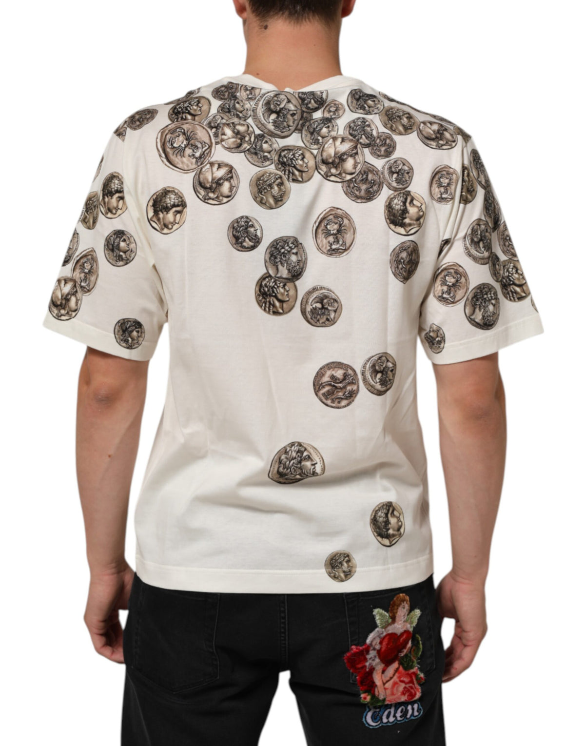 T-shirt homme Dolce &amp; Gabbana blanc à imprimé pièces de monnaie en coton, col rond