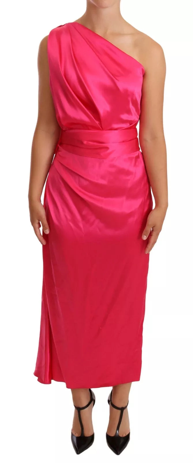 Dolce & Gabbana Pink Sheath Silk Bow Open Shoulder Dress