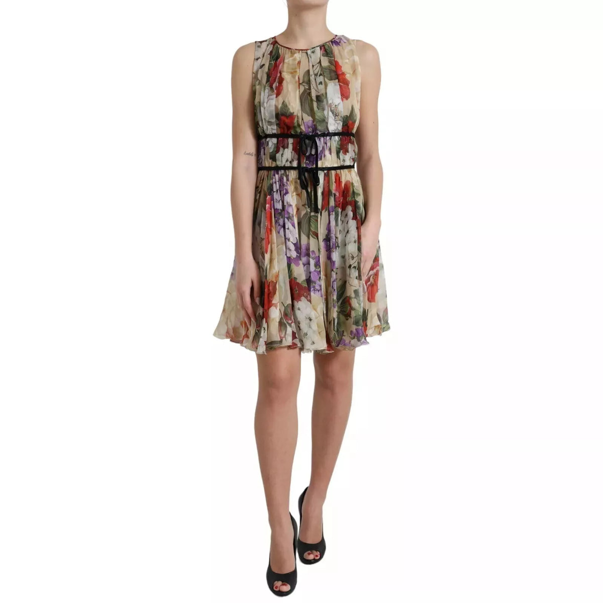 Dolce & Gabbana Robe Mini A-Line Sans Manches Beige à Fleurs