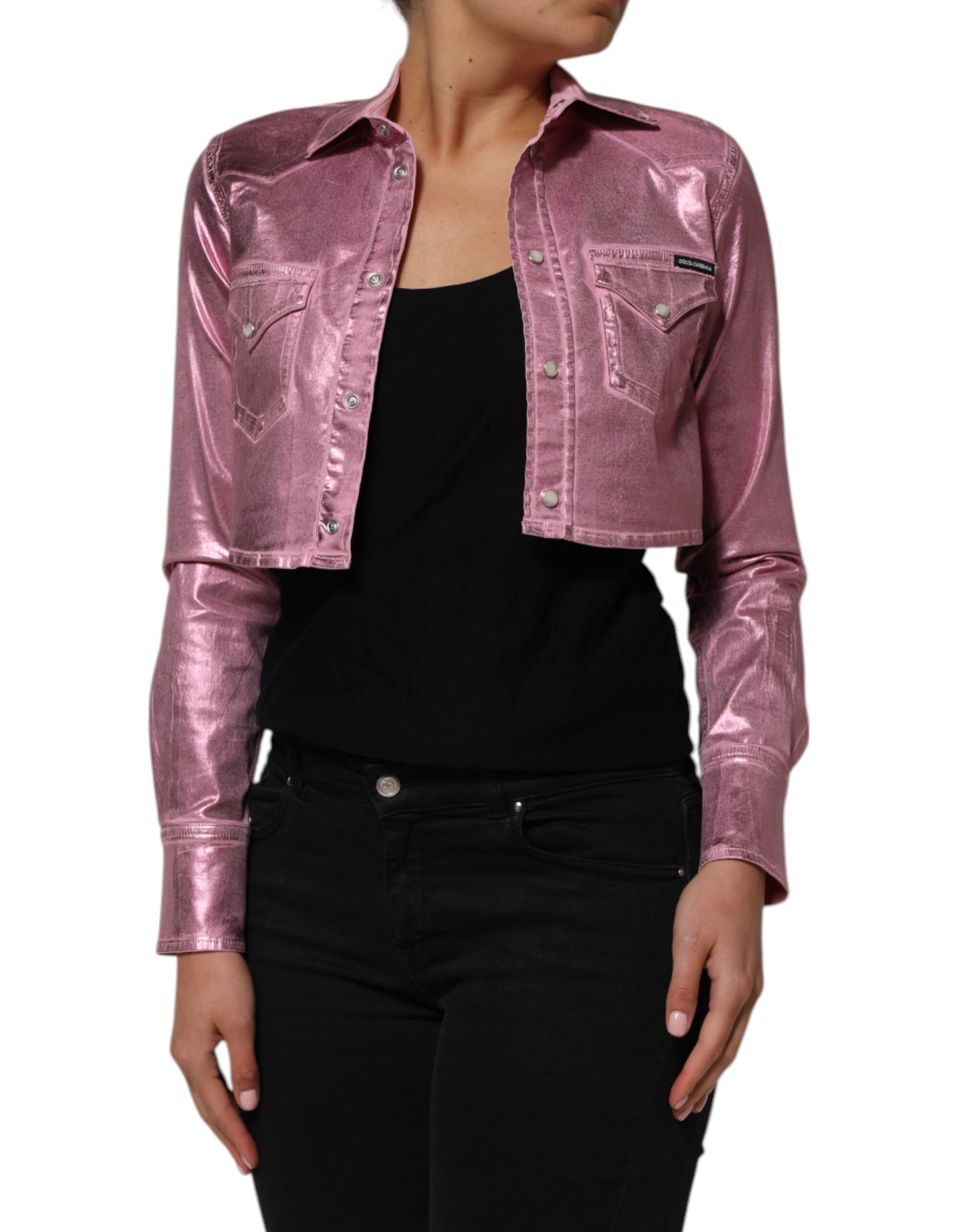 Dolce & Gabbana Pink Cotton Stretch Collared Cropped Jacket