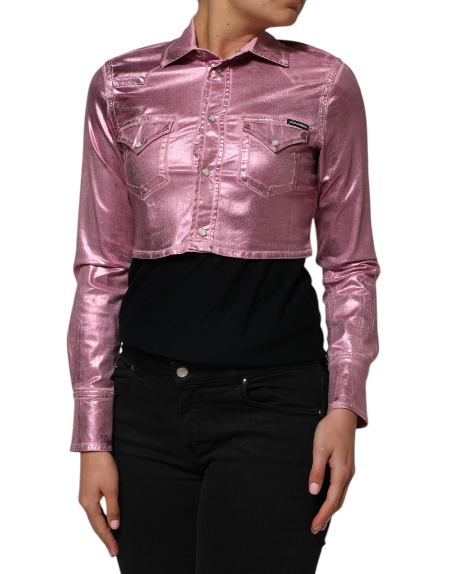 Dolce & Gabbana Pink Cotton Stretch Collared Cropped Jacket