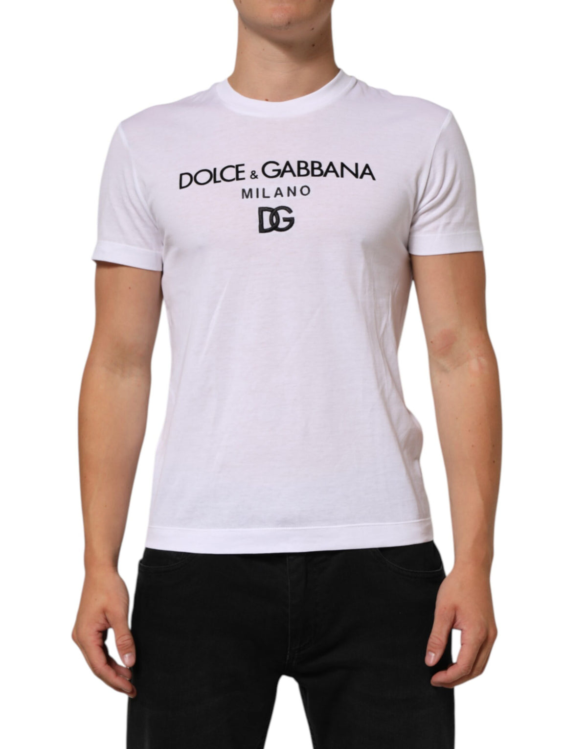 T-shirt homme à col rond en coton avec imprimé du logo blanc de Dolce &amp; Gabbana