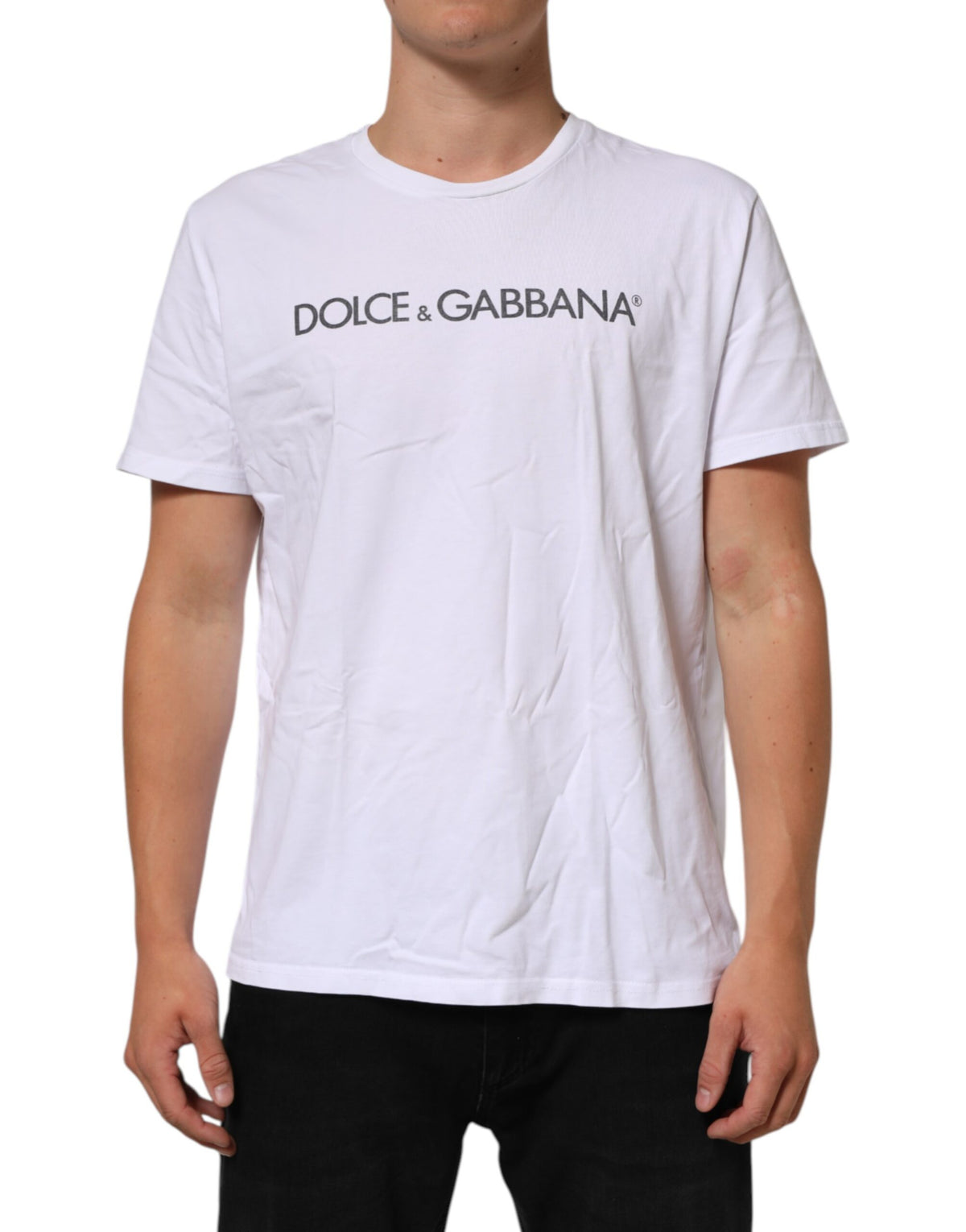 T-shirt en coton à col rond avec imprimé du logo blanc de Dolce &amp; Gabbana