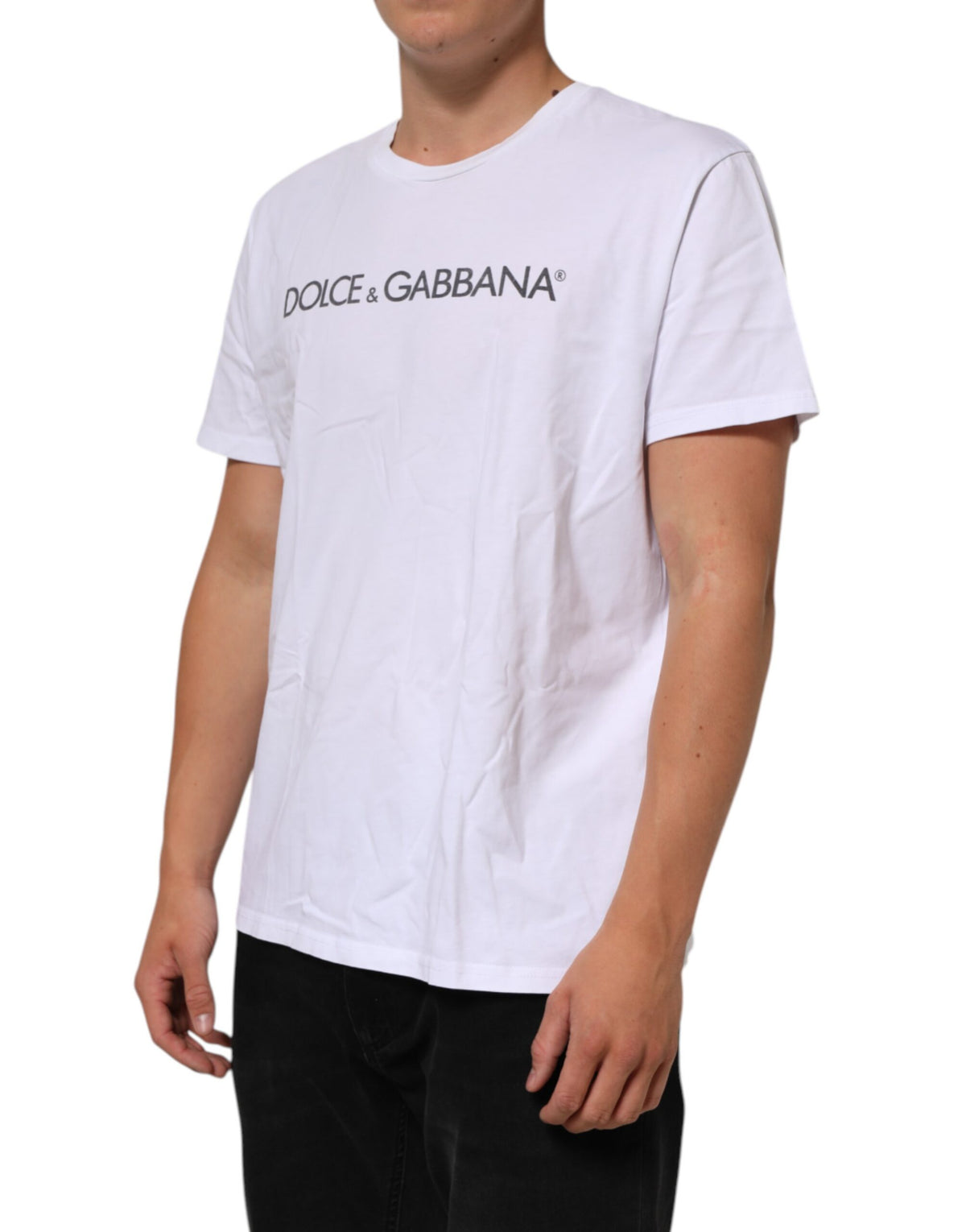 T-shirt en coton à col rond avec imprimé du logo blanc de Dolce &amp; Gabbana