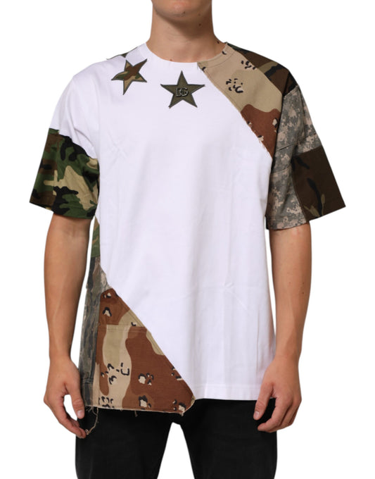 Dolce &amp; Gabbana Wit Camouflage Patchwork Heren Katoenen T-shirt