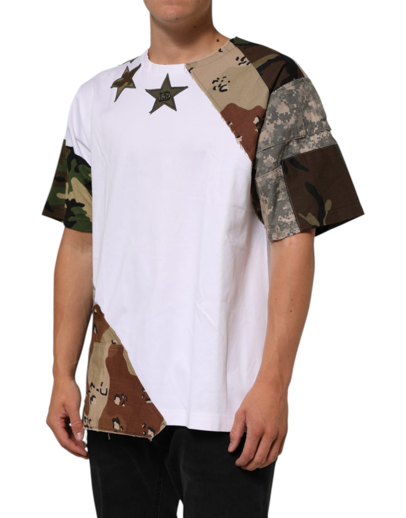 Dolce &amp; Gabbana Wit Camouflage Patchwork Heren Katoenen T-shirt