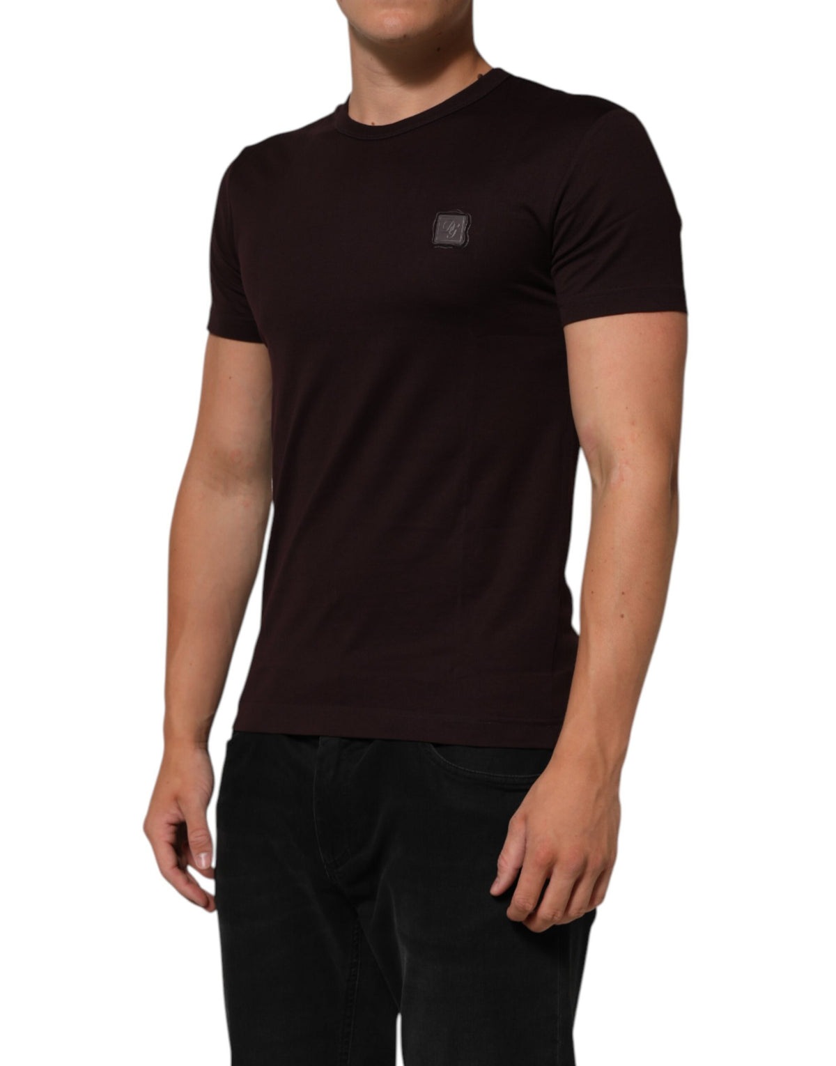 T-shirt en coton à col rond avec plaque logo marron de Dolce &amp; Gabbana