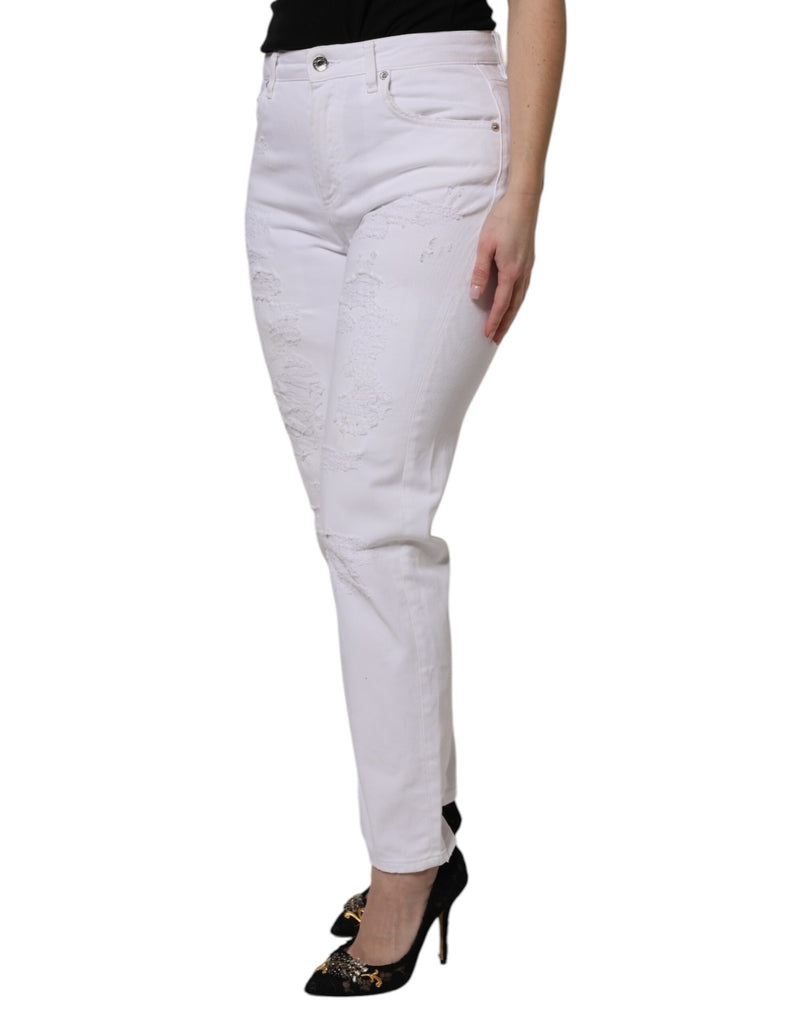 Dolce & Gabbana Jeans Femme Tattered Boyfriend Blanc en Coton