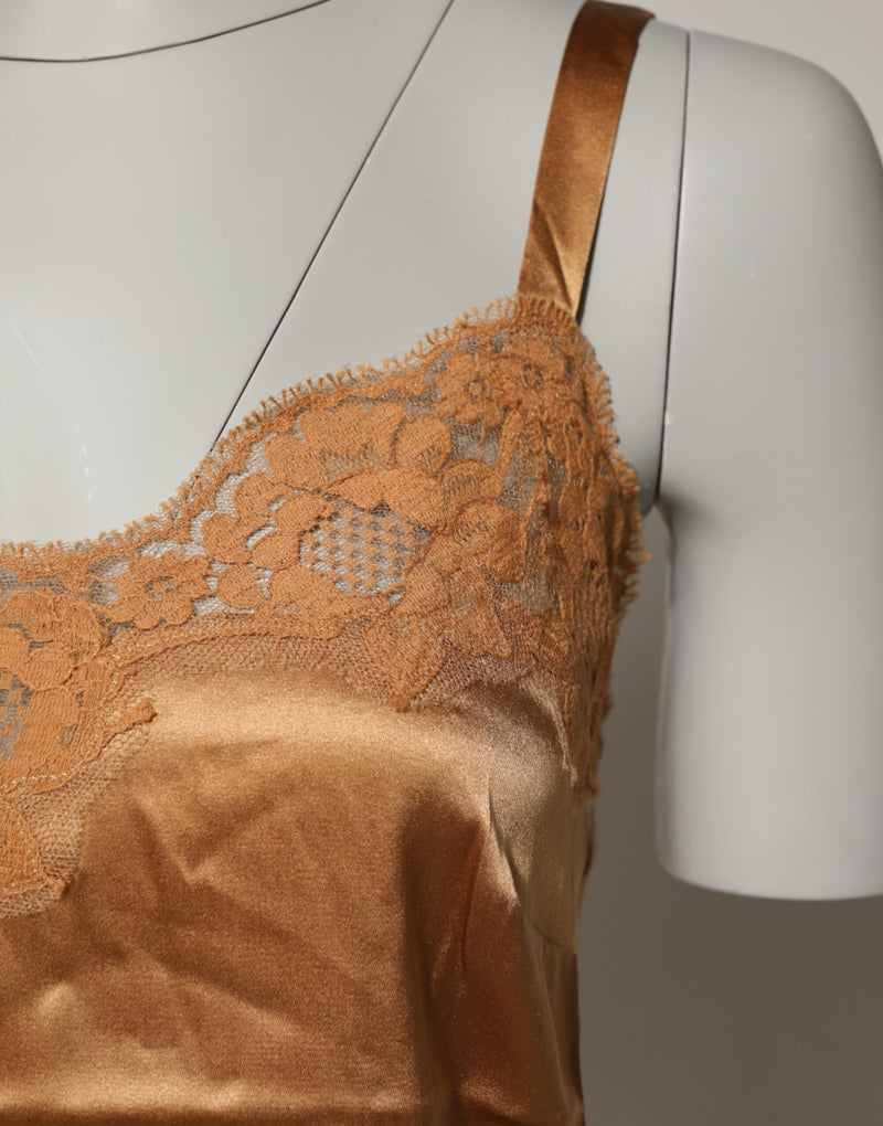 Dolce & Gabbana Brown Floral Lace Silk Satin Tank Lingerie