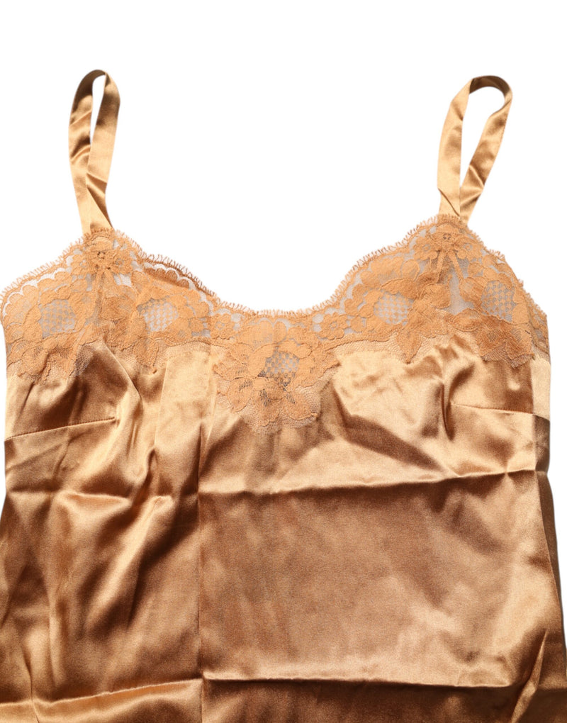 Dolce & Gabbana Brown Floral Lace Silk Satin Tank Lingerie