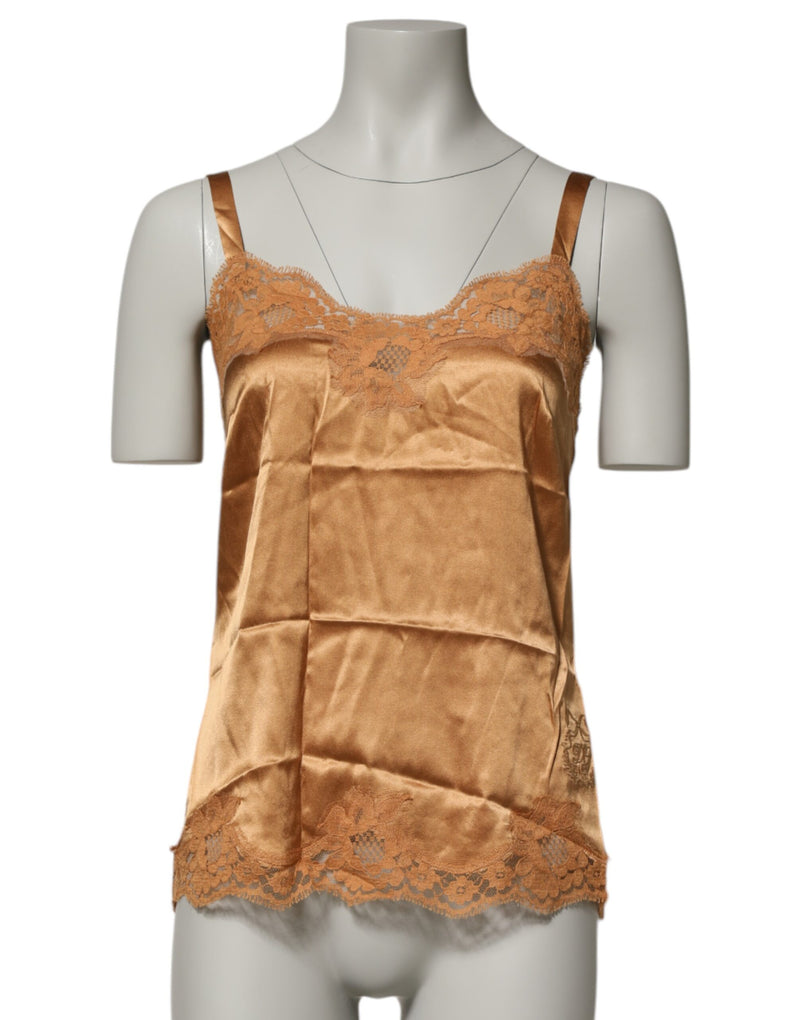 Dolce & Gabbana Brown Floral Lace Silk Satin Tank Lingerie