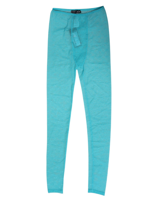 Dolce & Gabbana Light Blue Nylon Logo Lace Leggings Pants